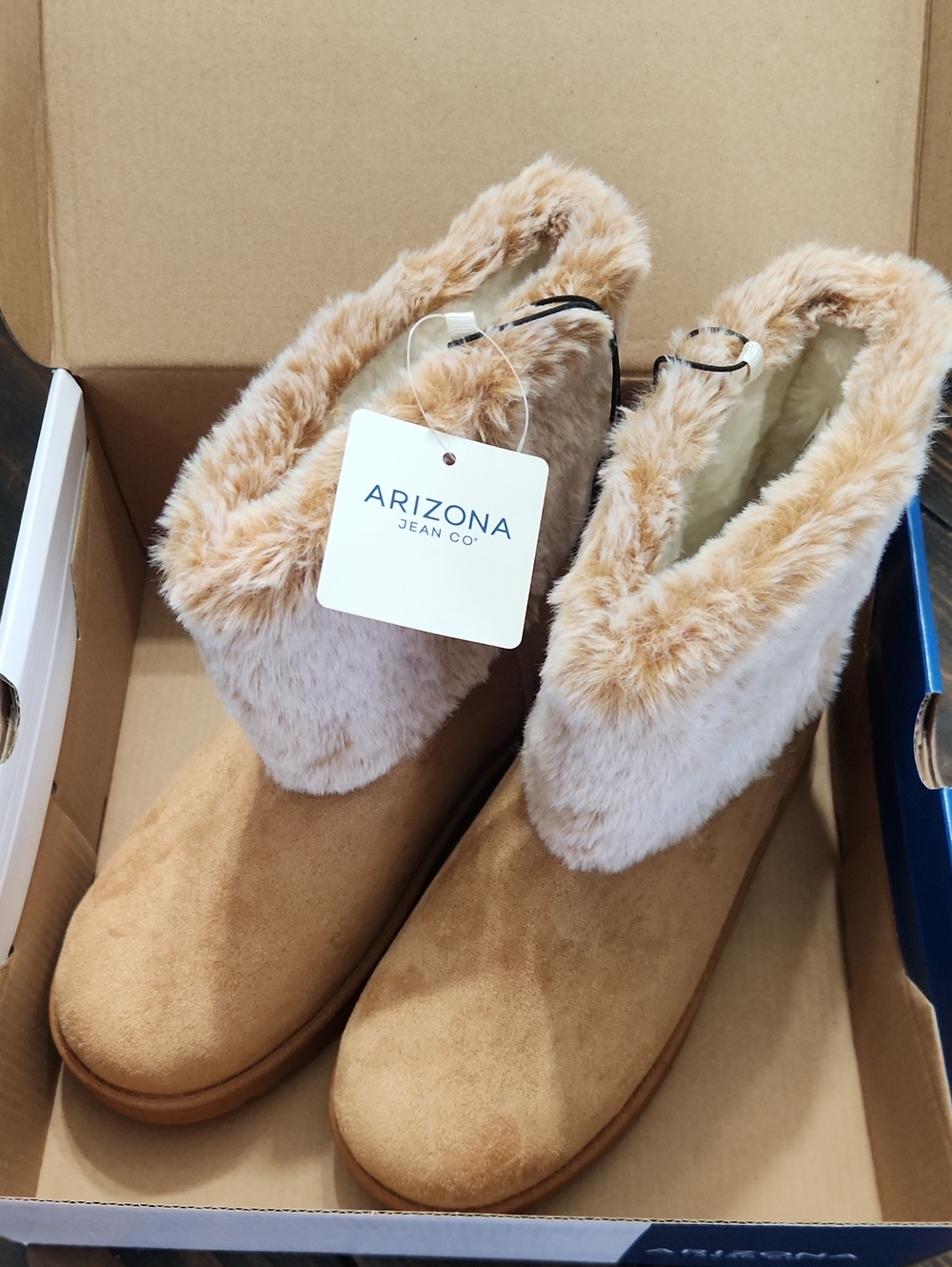 Faux Fur Cuff Suede-Look Ankle Boots in Light Brown Arizona Jean Co